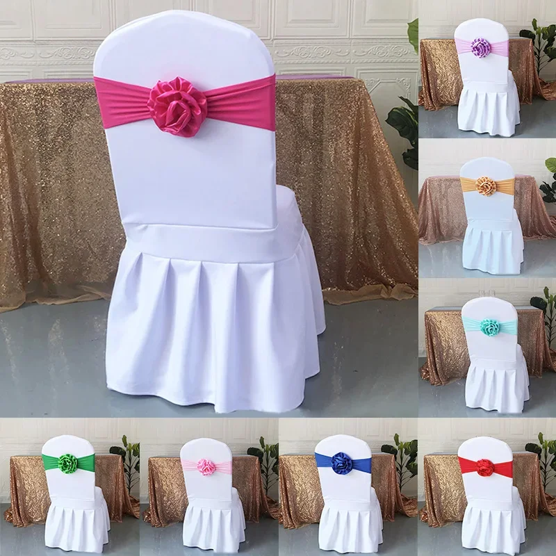 Solid Color Satin Chair Back Flower Bands Grace Wedding Chair Decoration Bows Hotel Props Banquet Chair Elastic Sashes 10-100PCS