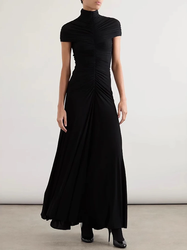 فستان نسائي أنيق برقبة دائرية وثنيات للنساء فساتين طويلة أنيقة على شكل حرف a للربيع والصيف وأكمام قصيرة للتنقل