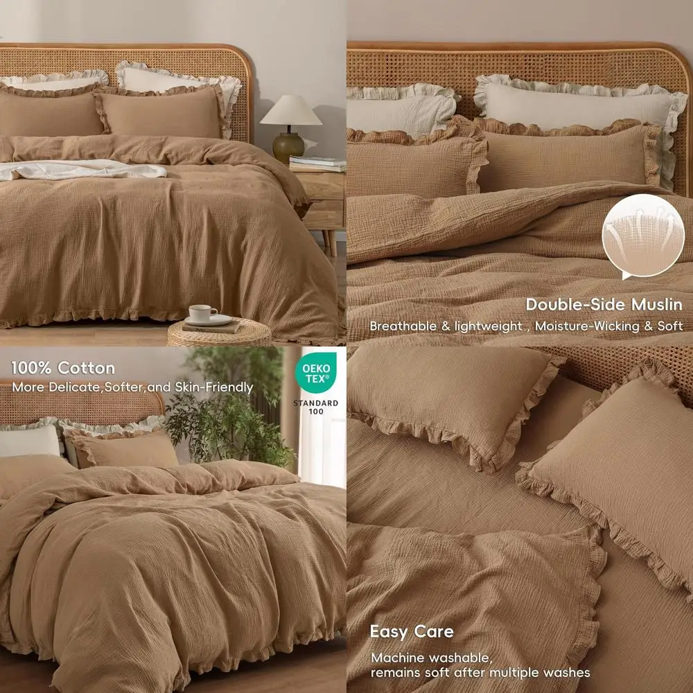 

Queen Size Cotton Muslin Ruffle Duvet Cover Set - Ultra Soft, Breathable, and Luxurious Minimalist Bedding