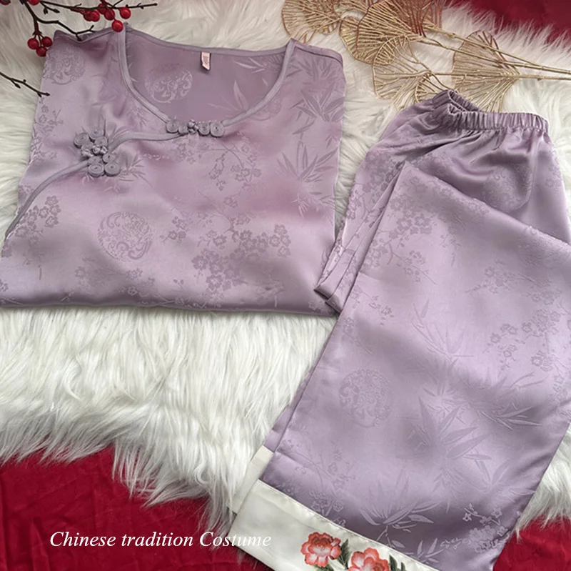 Chinese Style Pajamas Set Female Homewear Vintage Button Down Sleepwear Long Sleeve Shirt&pants 2Pcs Trousers Suit Loungewear