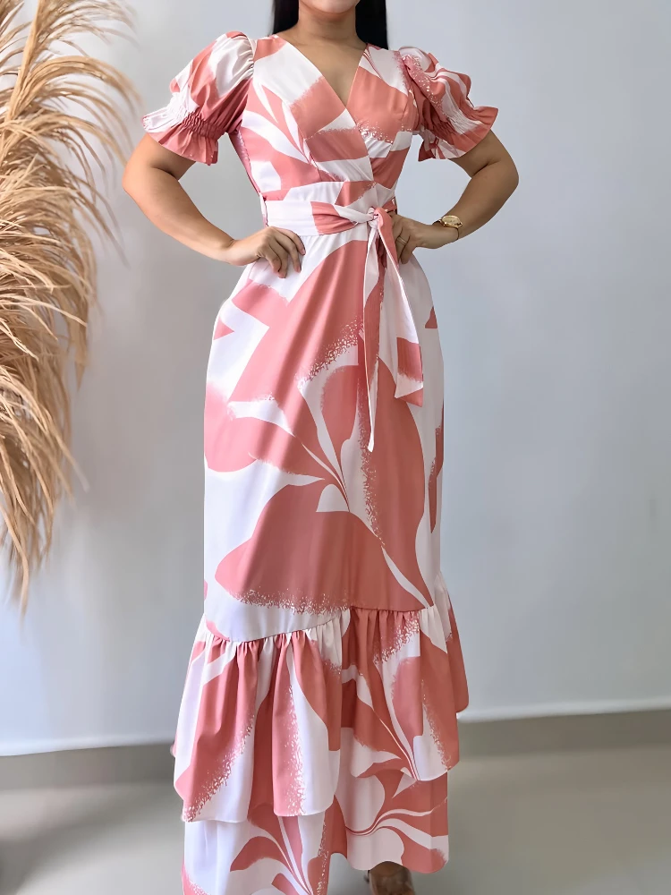Langes Kleid für Damen, A-Linie, Vestidos, bedruckt, lässig, V-Ausschnitt, kurze Ärmel, elegante Hochzeit, Streetwear, Y2k, Arbeit, Party, Sommer 2025,