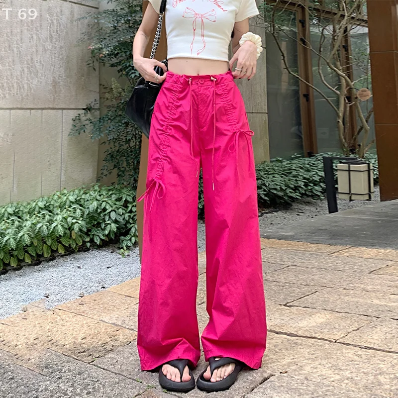 American Street เอวสูงแฟชั่นและสบายๆหวานเอวสูง Drawstring หลวมอเมริกันกางเกงทํางาน