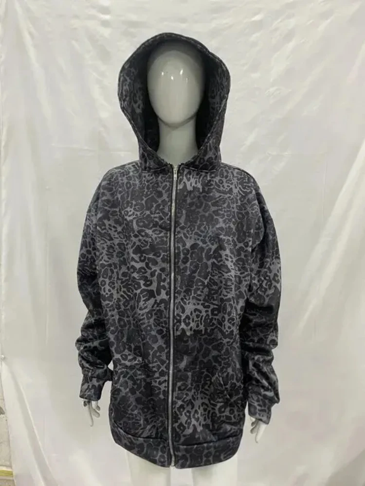 

Готическая модная классическая толстовка с капюшоном на молнии в стиле Харадзюку, модная уличная повседневная свободная кардиган с леопардовым принтом в стиле хип-хоп, нейтральный стиль