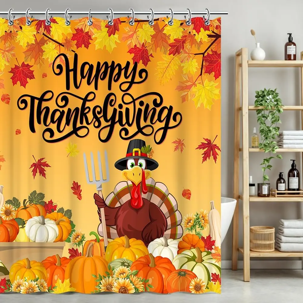

Happy Thanksgiving Day Shower Curtain Turkey Pumpkin Decorations for Autumn Fall Harvest Festival Give Thanks Thankful Fabric