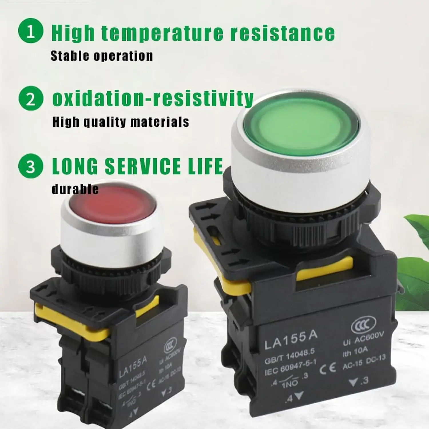 LED Push Button Switch 22mm 2Pcs Flat Head Button Switch 1NC/1NO 10A 600V Red Green LED Light Momentary Switch