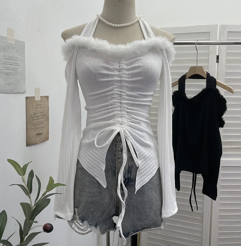 

Y2k Spice Girl Halter Neck Off The Plush Splicing Long Sleeve T-shirt Drawstring Lace Bottoming Shirt Top Women