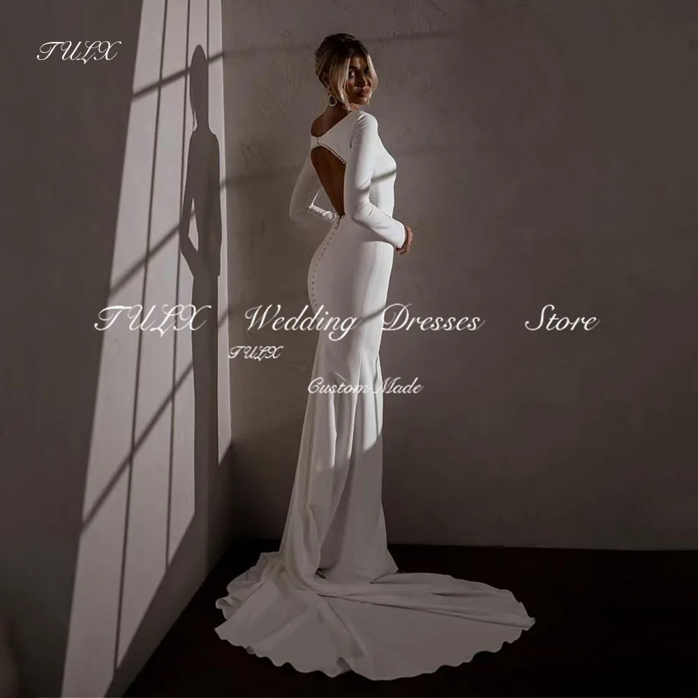 

TULX Elegant O Neck Long Sleeve Wedding Dresses Mermaid Long Sweep Train Formal Bridal Gown Pearl Backless Dress Customized 2025