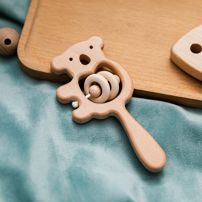 طفل خشبي حشرجة الموت الزان الدب اليد التسنين حلقة خشبية الطفل خشخيشات لعب الصالة الرياضية مونتيسوري عربة لعبة ألعاب تعليمية للطفل #5