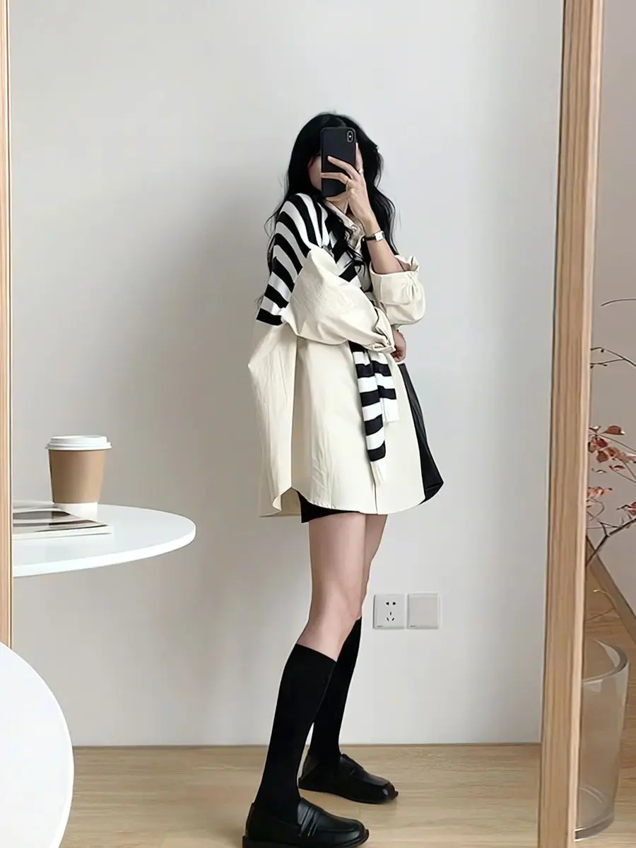 Oversized Large Size Fake Two-piece Shawl Shirt Early Autumn New Chic Long-sleeved Loose Lazy Style Shirt Blouses Womens Tops