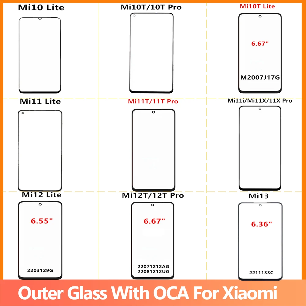 Front Glass + OCA For Xiaomi Mi 13 12T 11i 11X Pro 11T 10 10T 12 Lite Touch Screen LCD Display Out Panel Cover Lens Repair Part