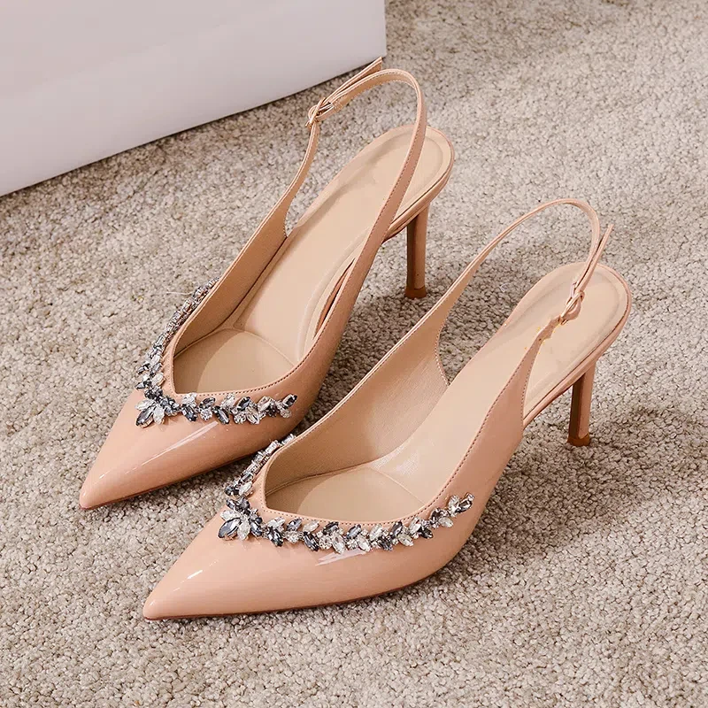 

New Spring and Summer Women's High Heels Fashion Nude Color Not Tired Toe Rhinestone Back Empty Single Shoes High Heel Sandals