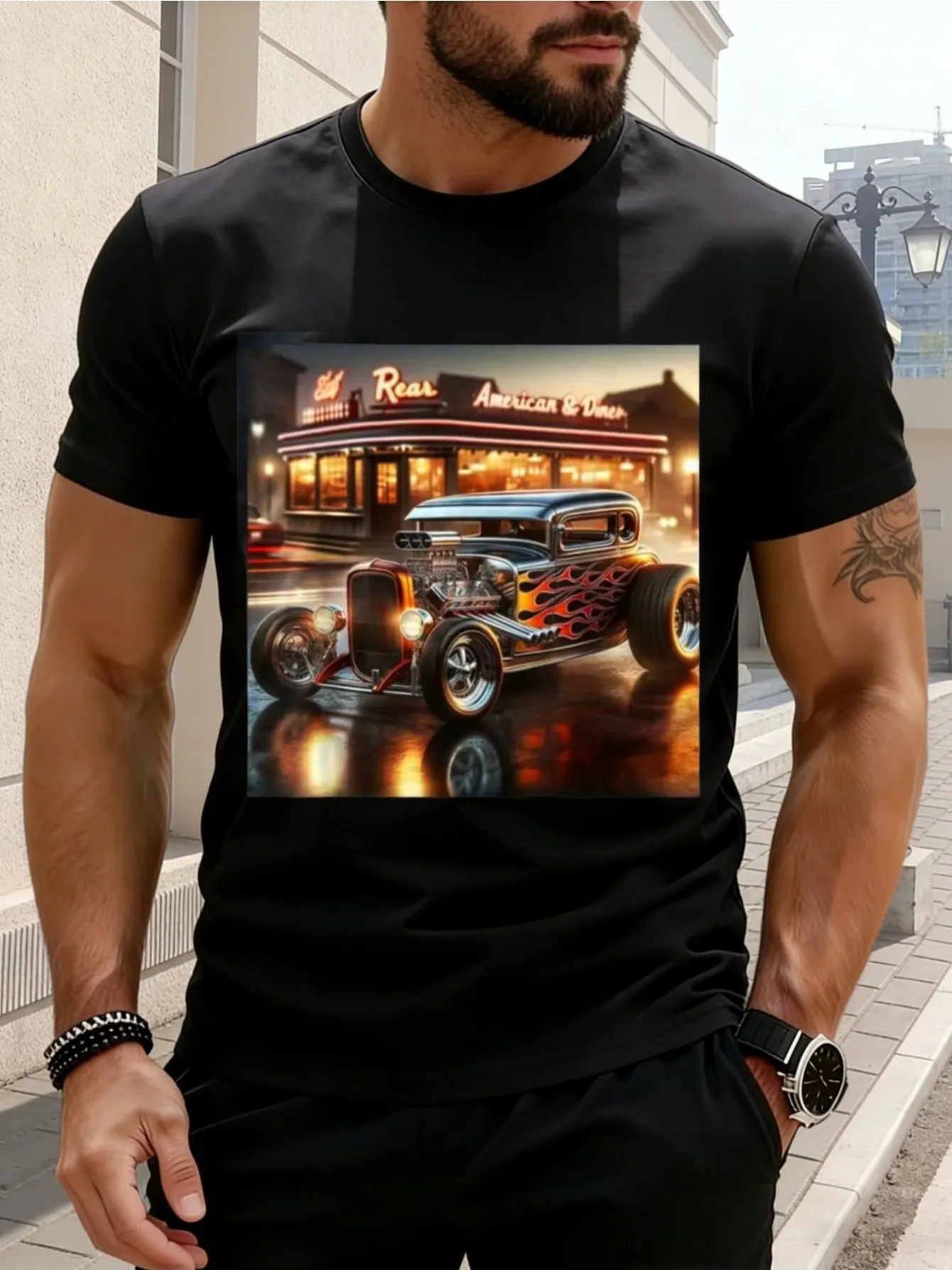 Plus-size T-shirt - Men's Vintage Hot Rod Graphic T-Shirt - 100% Cotton Crew Neck Retro Muscle Car & Flame Design with Classic  & Themed Events - Machine Washable Automotive