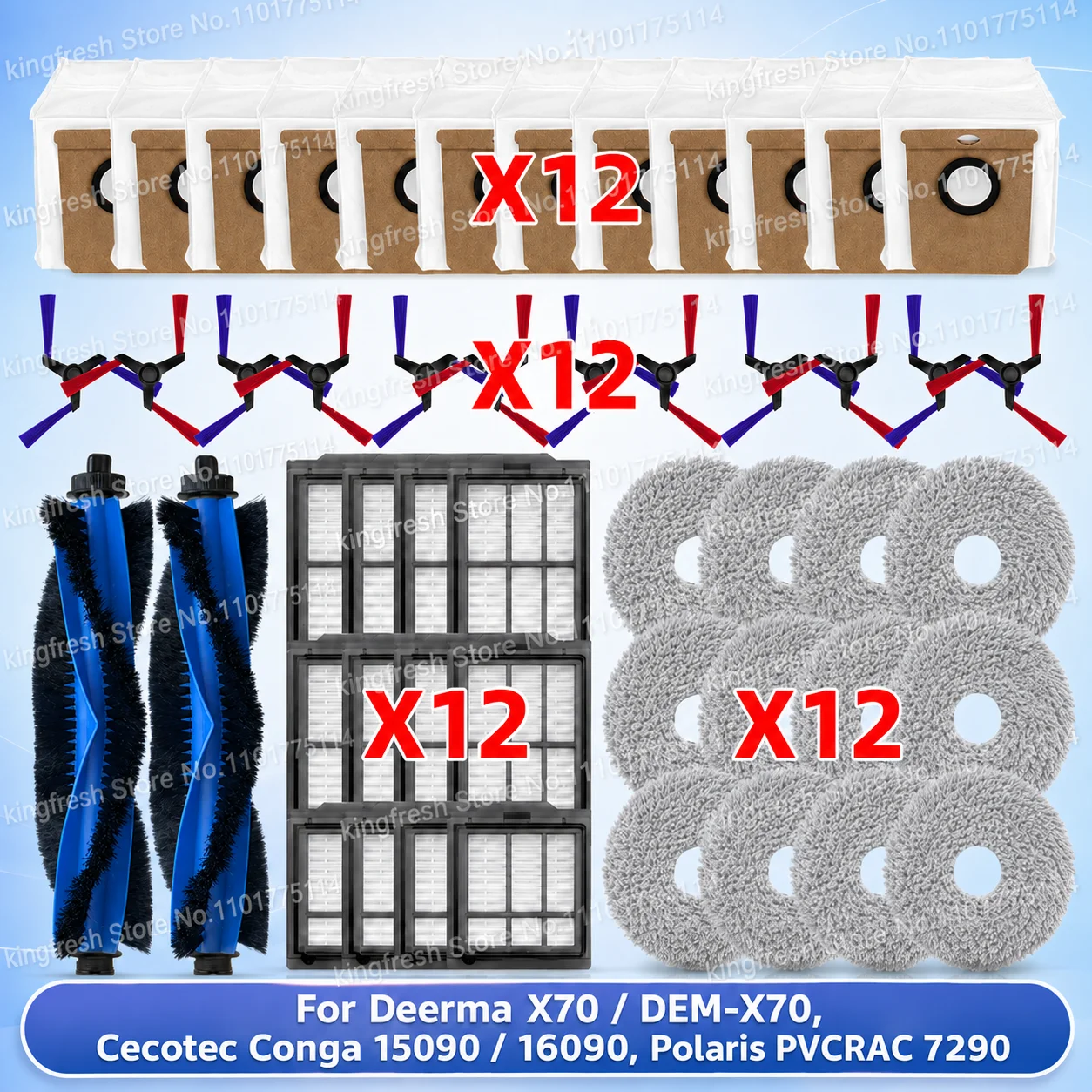 Compatible For ( Deerma X70/ DEM-X70, Cecotec Conga 15090/ 16090, Polaris 7290 ) Parts Main Side Brush Filter Mop Cloth Dust Bag