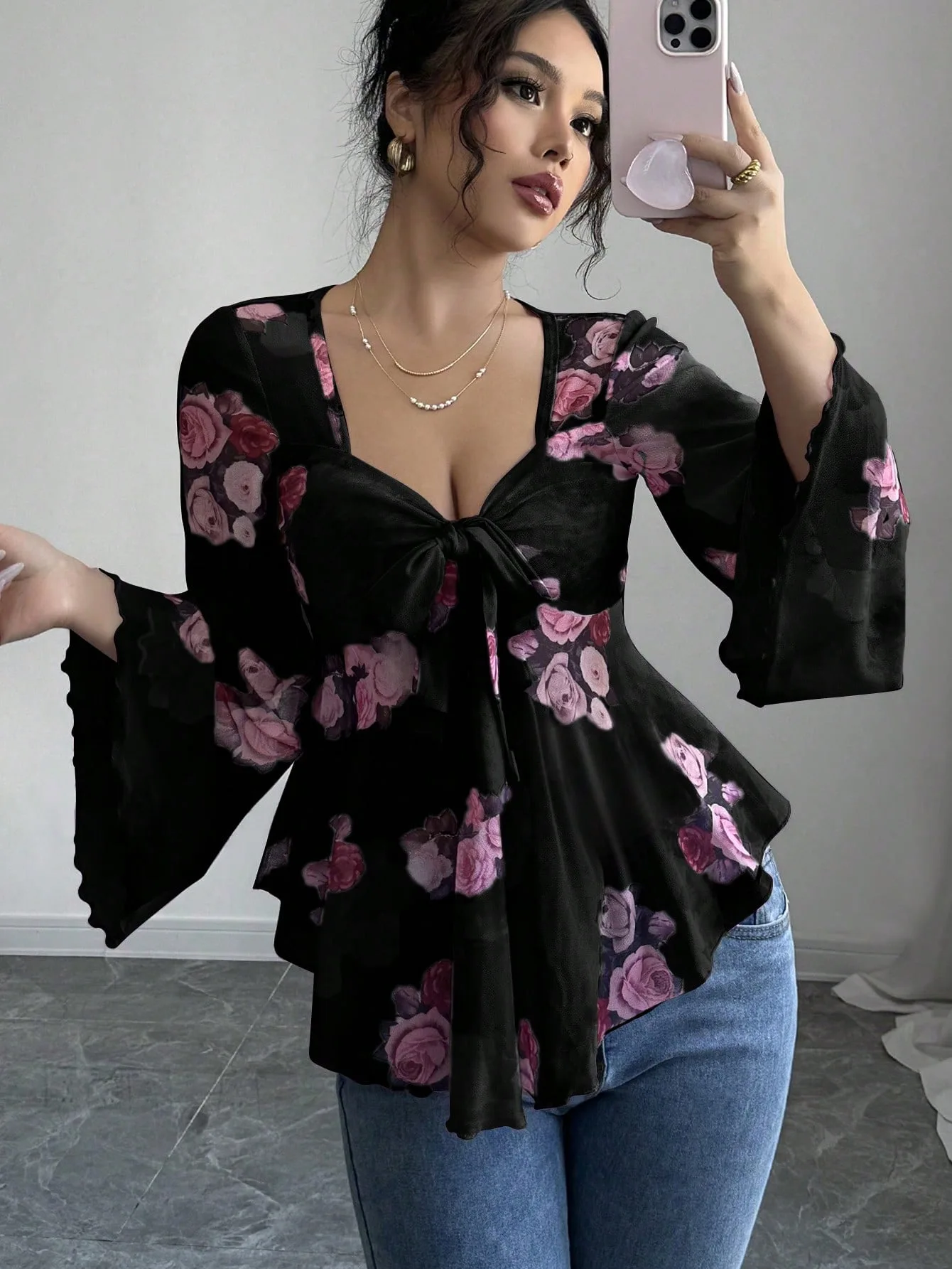 

2025 New Women's Sweet Top Design French Flower Blouses Smudge Strap Square Collar Long Sleeve Shirt