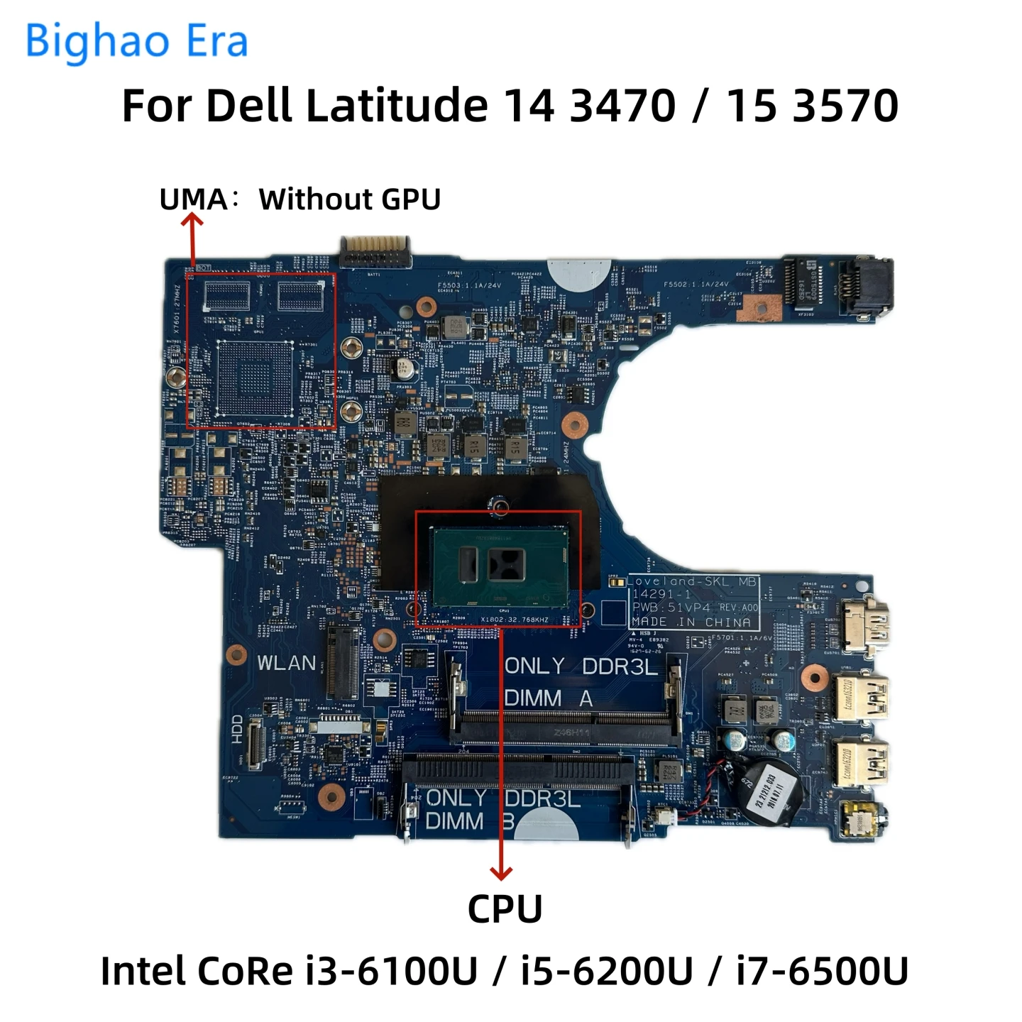 

14291-1 Материнская плата для ноутбука Dell Latitude 3470 3570 с i3-6100U i7-6500U CPU DDR3L UMA i5-6200U 056VN2 0YKP8M