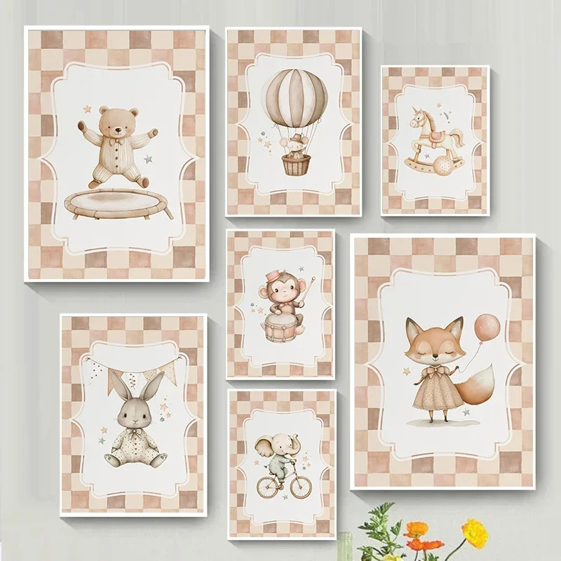 Elefante de circo en bicicleta, globo de aire caliente, conejito, mono, zorro, póster, lienzo, pintura impresa, imagen artística de pared para guardería, decoración del hogar