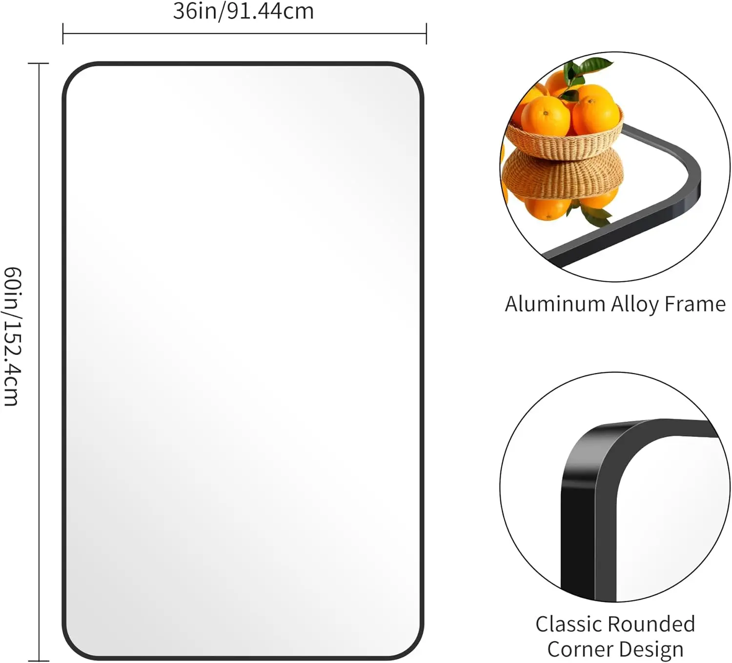 Large Bathroom Mirror 60X36 Inches, Black Oversized Wall Mirror For 2 Sinks Aluminum Frame Wall Mounted Rounded Corner Morndern