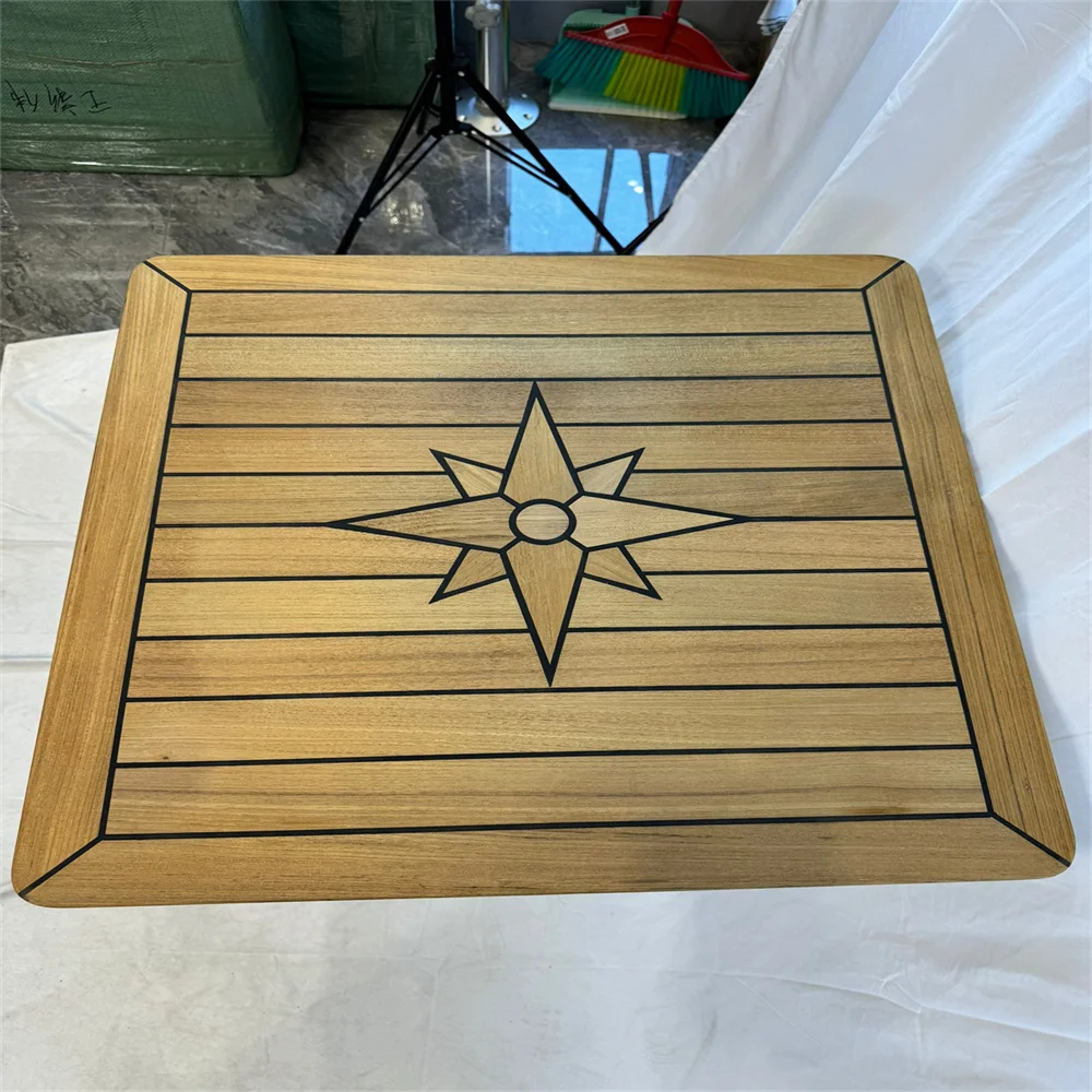 Boat Square Teak Table Top 650x650mm,25.6x25.6 Inch Star Inlay With Caulk-lines Marine Yacht RV TQ65