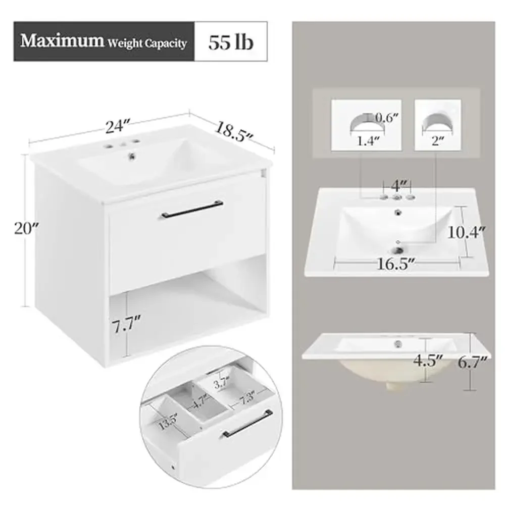 Armoire d'HOVanity Moderne avec Évier Mural et Étagère Ouverte, Lavabo Blanc Écologique, Rangement Facile à Organiser, 24 Pouces