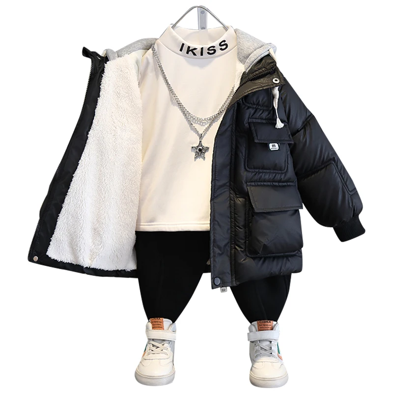 Children Winter Warm Thicken Plus Velvet Jacket Teen Hooded Coat kids Parka Outerwear Boys Clothing Casual Clothes 2-14 Years