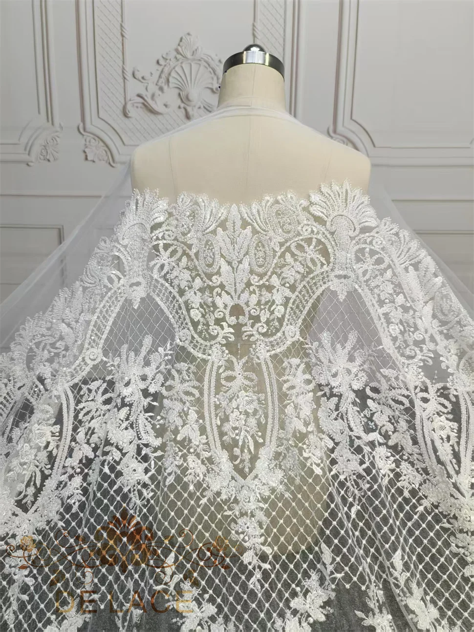 Ręcznie Robiona Luksusowa Francuska Retro Koronka Ślubna Aulic Z Koralikami i Cekinami Haftowana Siatka na Suknię Ślubną Wzór Kwiatowy