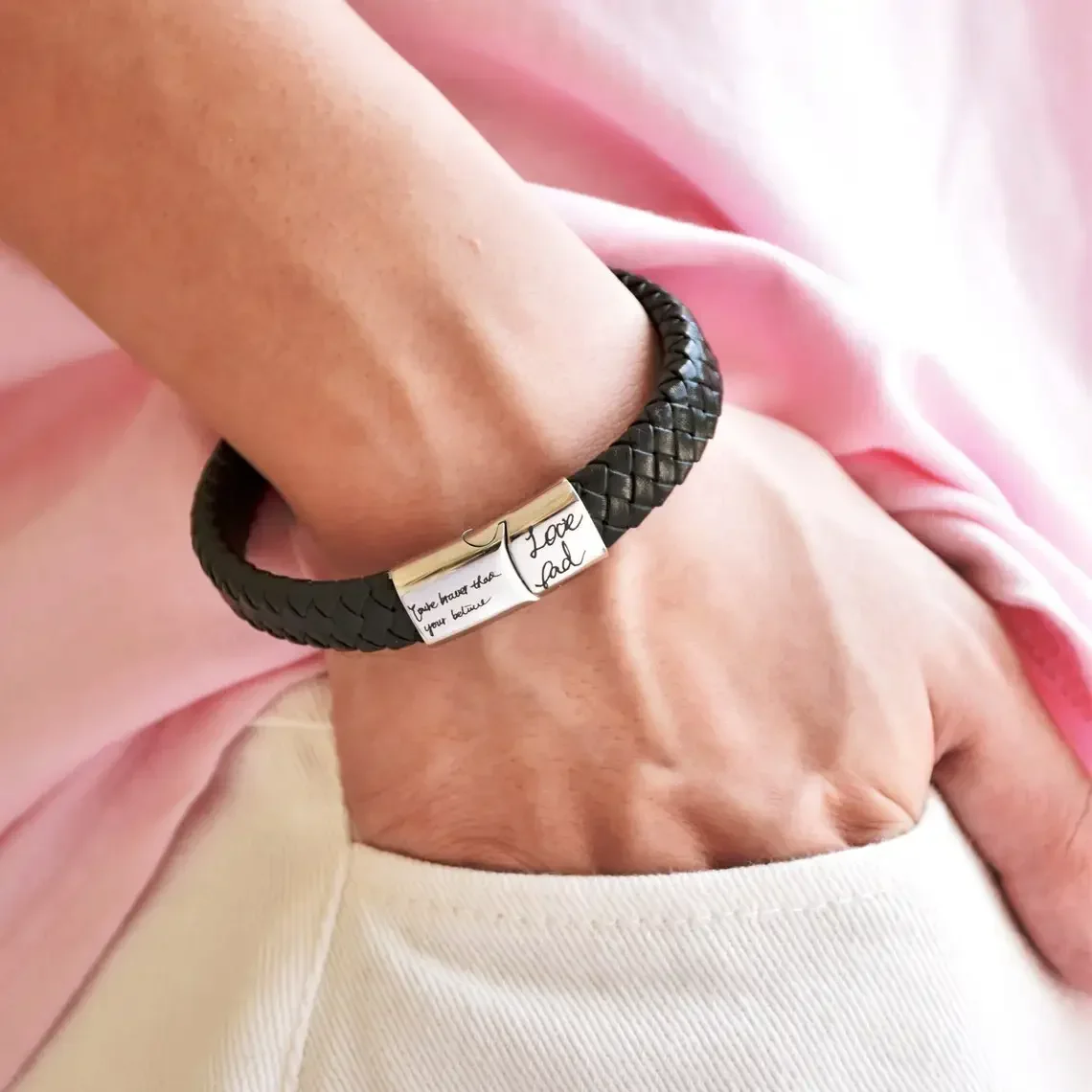 Handwritten Genuine Leather Bracelet Customized Personality Engrave Signature Stainless Steel Magnet Buckle Bangle for Men Women view 6
