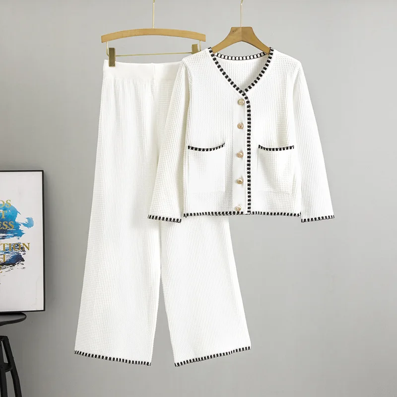 2-teiliges Set, muslimische Strick-Outfits, Damen-Strickjacke, Pullover, Knöpfe, Taschen, gestrickt, weites Bein, Hosenanzug, lässige Strickwaren, Herbst 2025