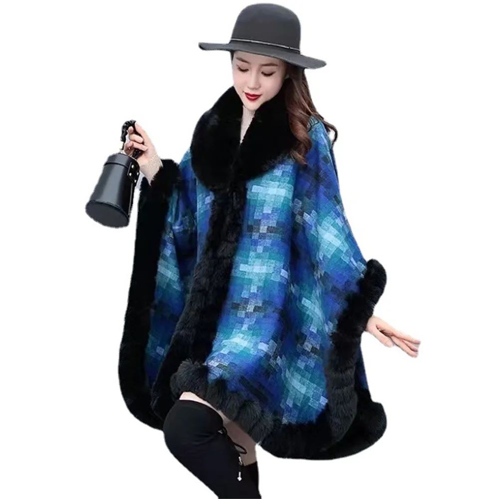 Women Round Neck Rabbit Fur Winter Shawl Cloak Thick Warm Multicolour Plaid Long Streetwear Big Pendulum Poncho Capes Loose Coat