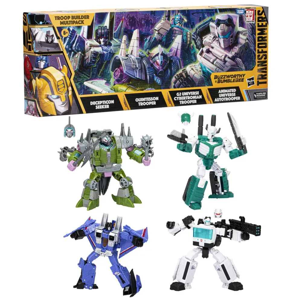 Transformers Buzzworthy Bumblebee 4-Pack Troop Builder Multipack Decepticon Seeker, Quintesson Trooper, G2 Universe Cybertronian