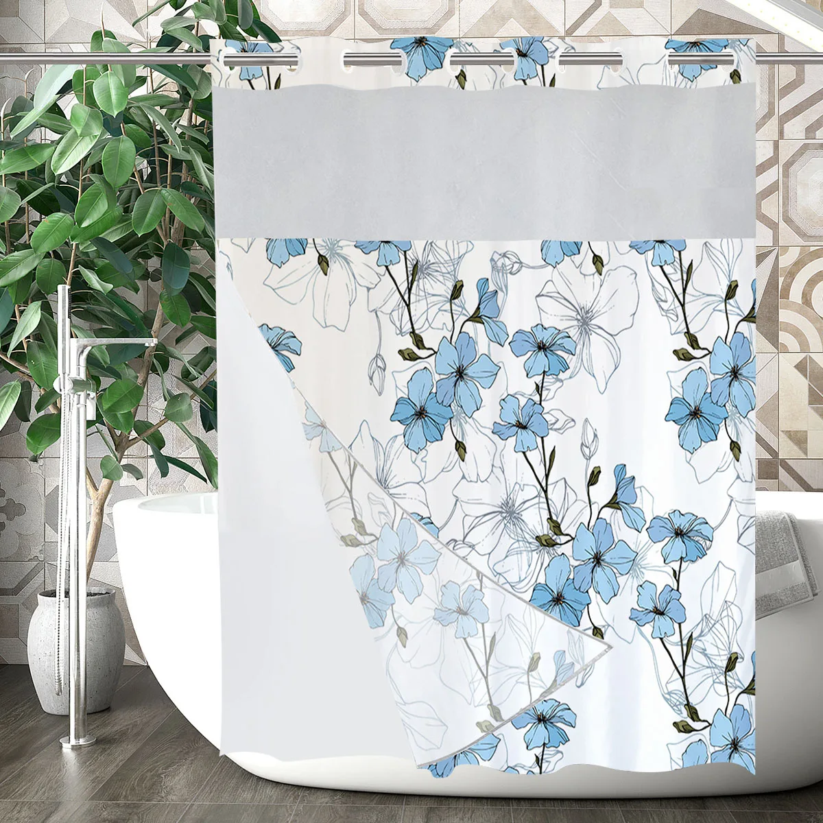 Hook Free Shower Curtain Waterproof Bathroom Curtains with Snap-in Liner Decorative Floral Bath Curtains Washable Shower Curtain