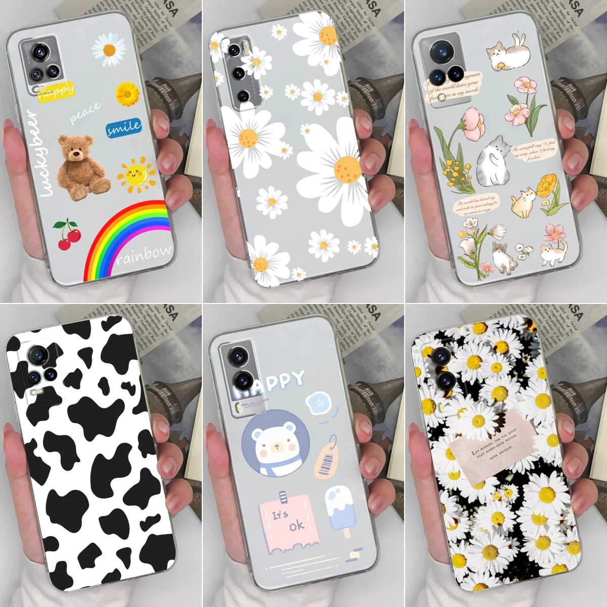 For Vivo V20 V20 SE V21 V21E 5G Beautiful Phone Case Bear Daisy Back Cover For VivoV20 Se V 21 Funda Transparent Soft TPU Coques