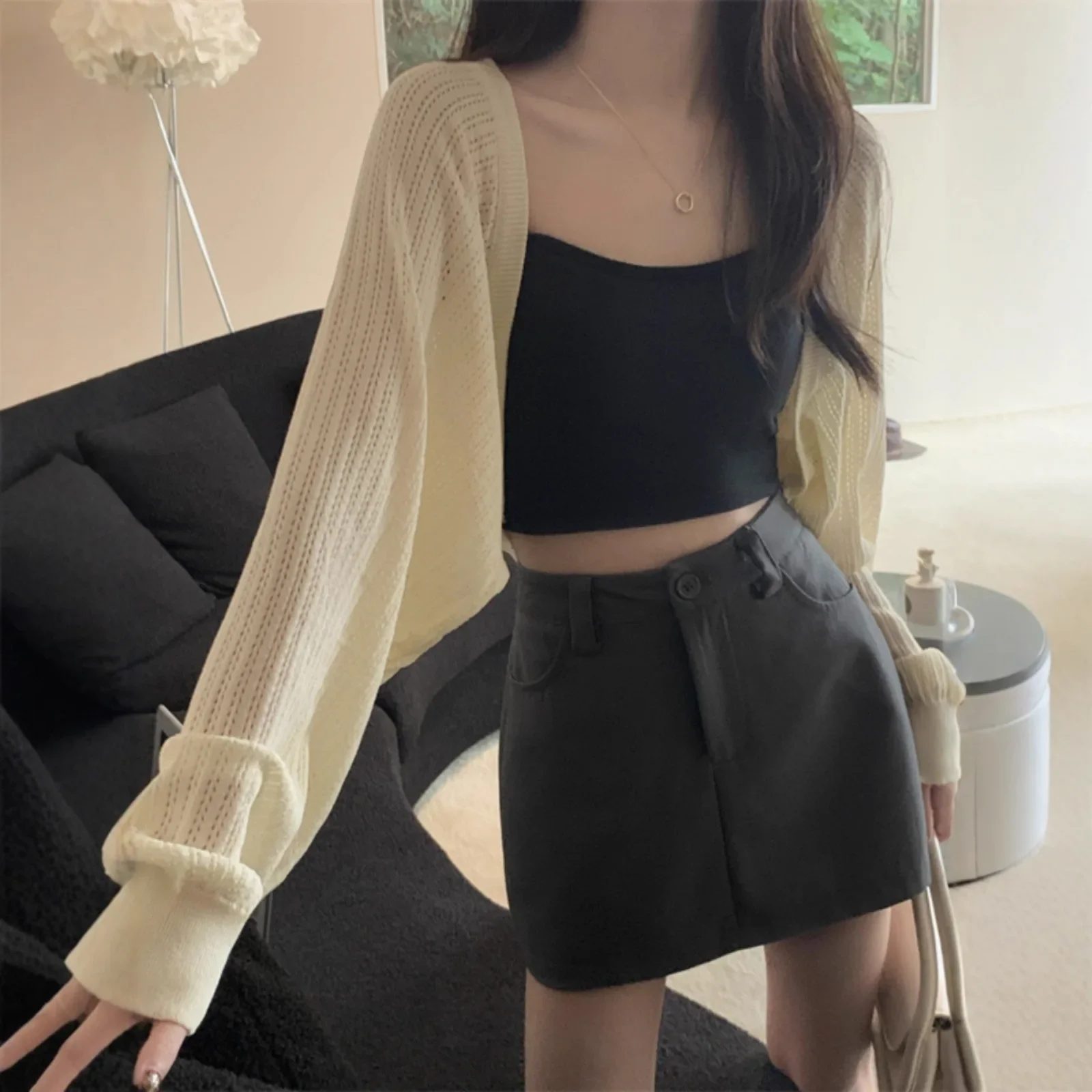 

Летнее тонкое вязаное короткое пальто с длинными рукавами и защитой от солнца, женская верхняя одежда с воротником-поло, накидка на кондиционер, верхняя одежда