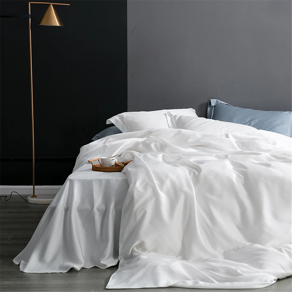 Solid 4pcs Silk Bedding Set with Duvet Cover Fitted/Flat Bed Sheet Pillowcase Bedspreads and Coverlets Single Double Bedsheet