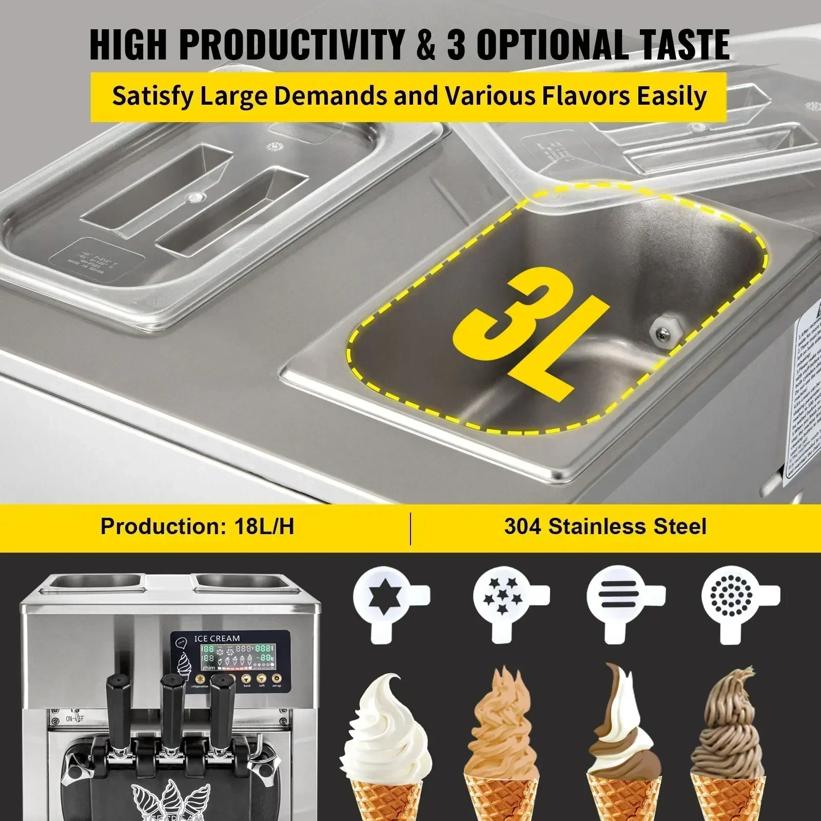 VEVOR Commercial Soft Serve A168  1200 W Ice Cream Machine 3 Flavors 18L/H Ice Cream Maker 2022 New