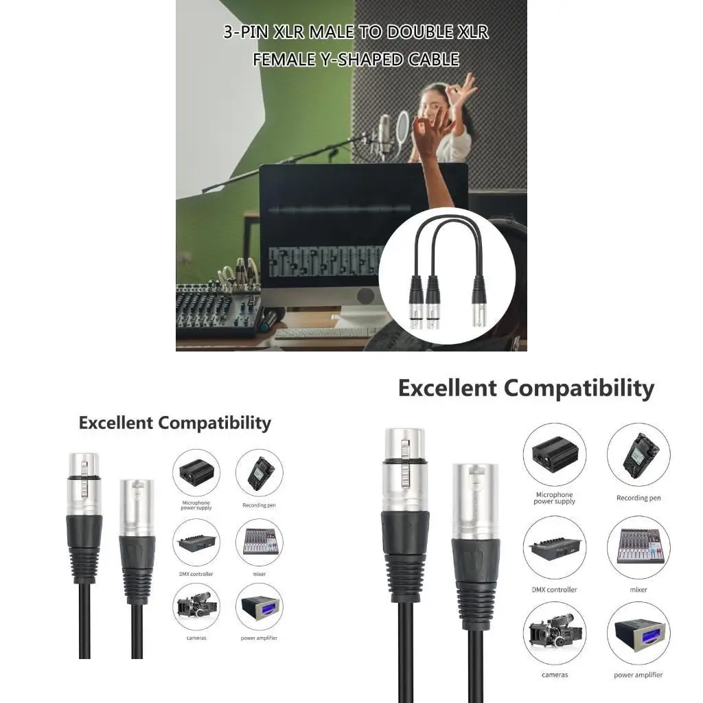 R53C Flexible XLRs Male To 2 Female Microphone Splitter Cable, Professional Sound Adapter For Live Performances Sound Cable