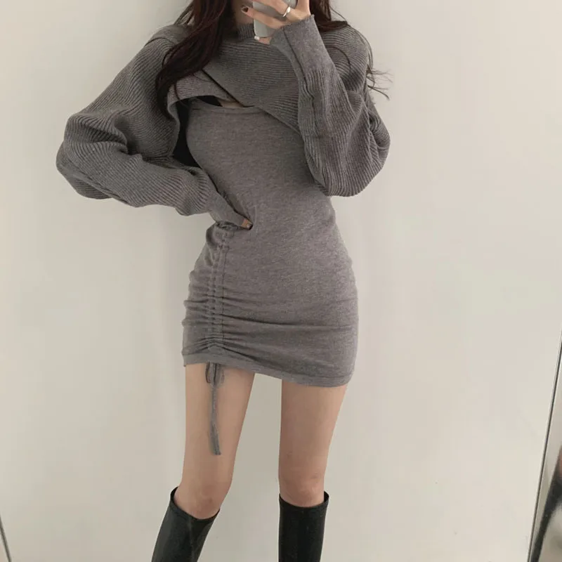 Sexy Knitted Bodycon Mini Dress Women Korean Fashion Hollow Out Drawstring Short Dresses Sets Ladies Autumn Winter Sweater Dress
