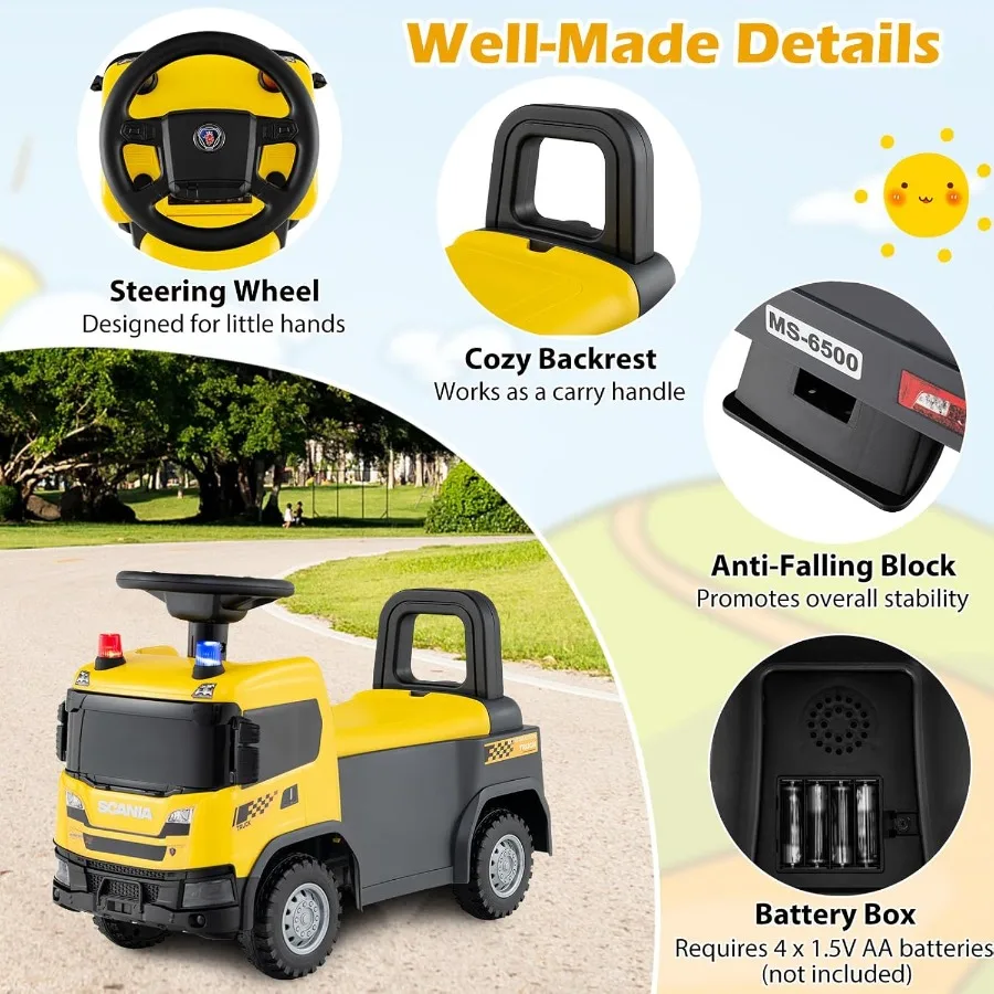 ركوب على سيارة الدفع المرخصة على مركبة بناء سكانيا للأطفال الصغار مع أضواء الموسيقى القرن تحت مقعد تخزين منزلق من القدم إلى الأرض