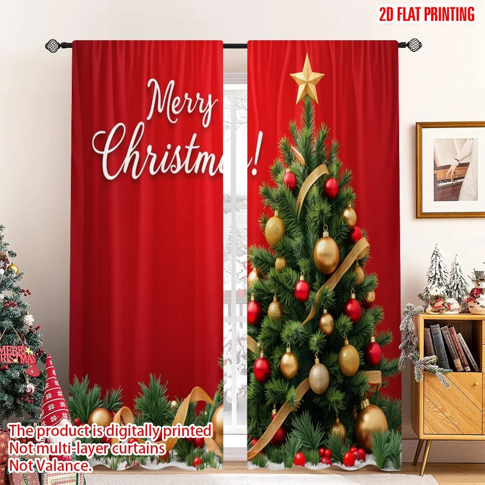 

2pcs 2D flat printing Merry Christmas Window Drapes Merry Christmas Tree_c Fabric Without Electricity Festive Holiday Use for