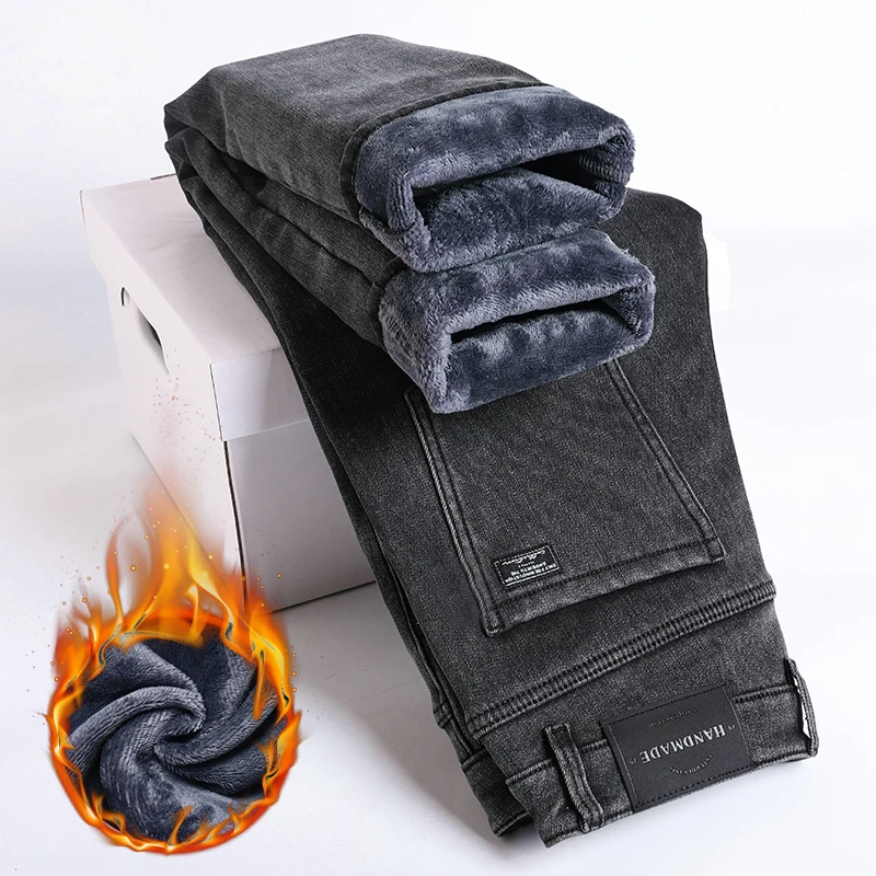 Inverno velo grosso quente jeans masculino fino em linha reta elástico denim calças casuais roupas masculinas moda calças de pelúcia