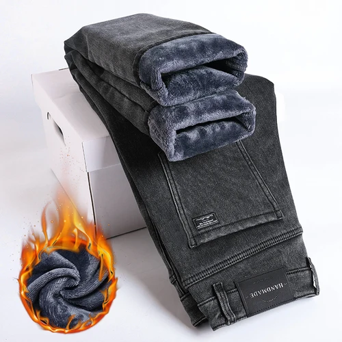 Imagen 2 del producto Pantalones vaqueros gruesos y cálidos de lana de invierno para hombre, pantalones vaqueros elásticos rectos ajustados, ropa informal para hombre, pantalones de felpa a la moda