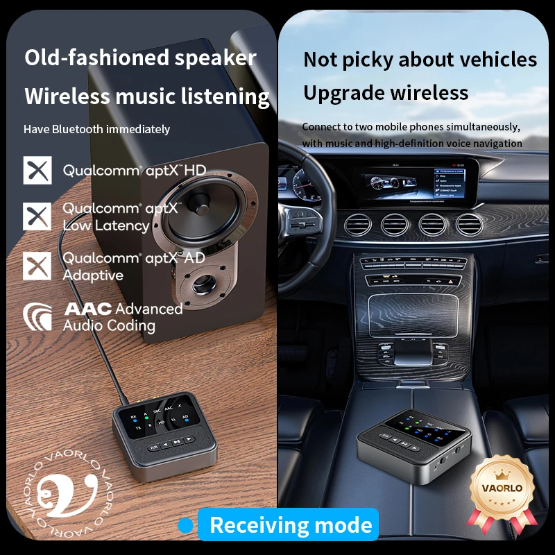 VAORLO 2in1 aptX 블루투스 5.4 오디오 수신기 송신기 3.5MM AUX RCA aptX-적응형 AD/HD/LL AAC 멀티포인트 HiFi 무선 어댑터 (마이크 포함) 차량용 PC TV 헤드폰 스피커