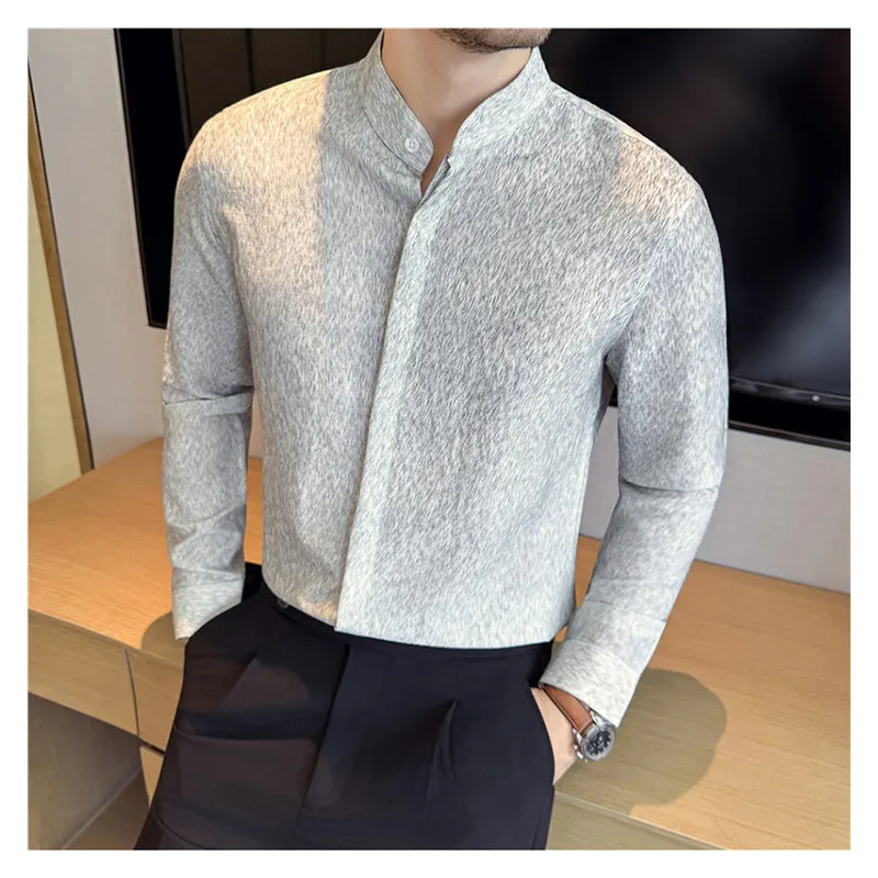 

Chinese Style Stand Collar Men's Social Shirts Long Sleeve Fashion Textura Slim Fit Mens Casual Shirt Dress Business Formal Wear