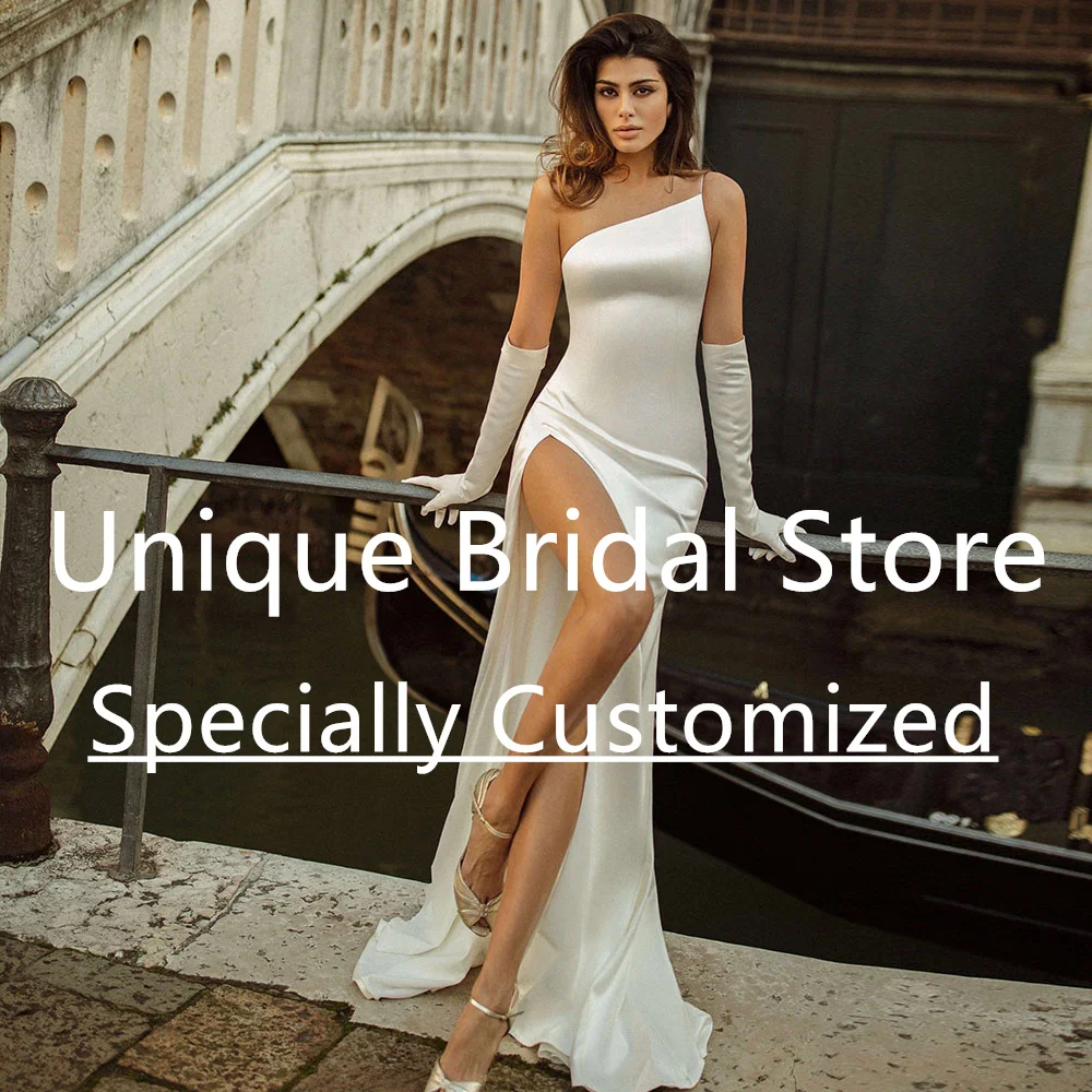 

Simple Mermaid Wedding Dress One-shoulder Spaghetti Strap Backless Zipper High Split Sweep Train Jersey Elegant Vestido De Noiva