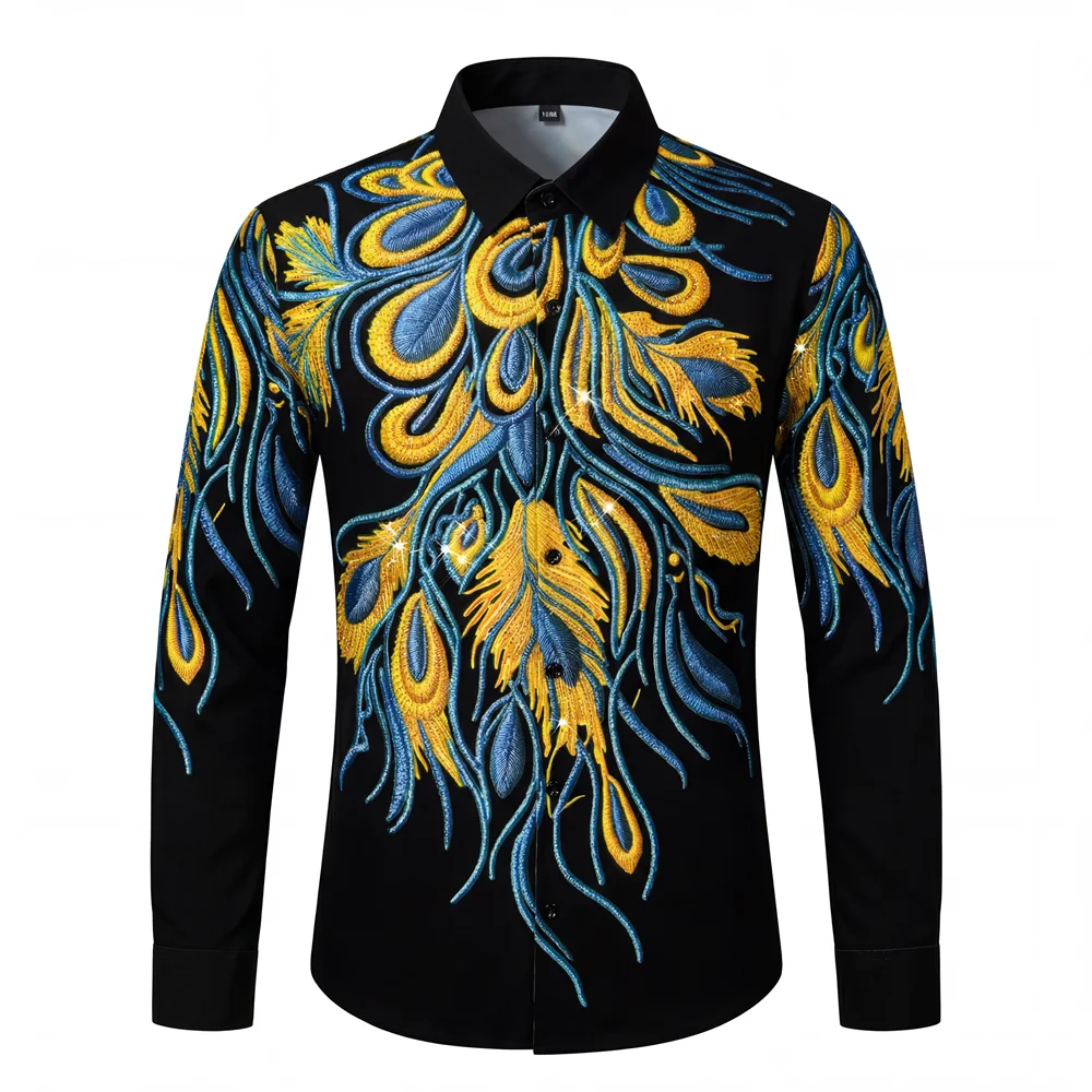 Heavy Embroidery Rhinestone Shirt Men Long Sleeve Casual Shirts Slim Fit Business Social Shirts Party Banquet Streetwear M-5XL
