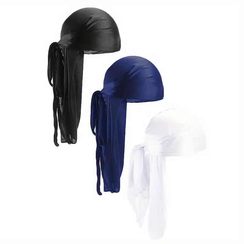 3Pcs Silky Satin Durag Set, Long Tail Head Wrap, Soft Breathable Pirate Cap, Hip Hop Headwear for 360 Waves
