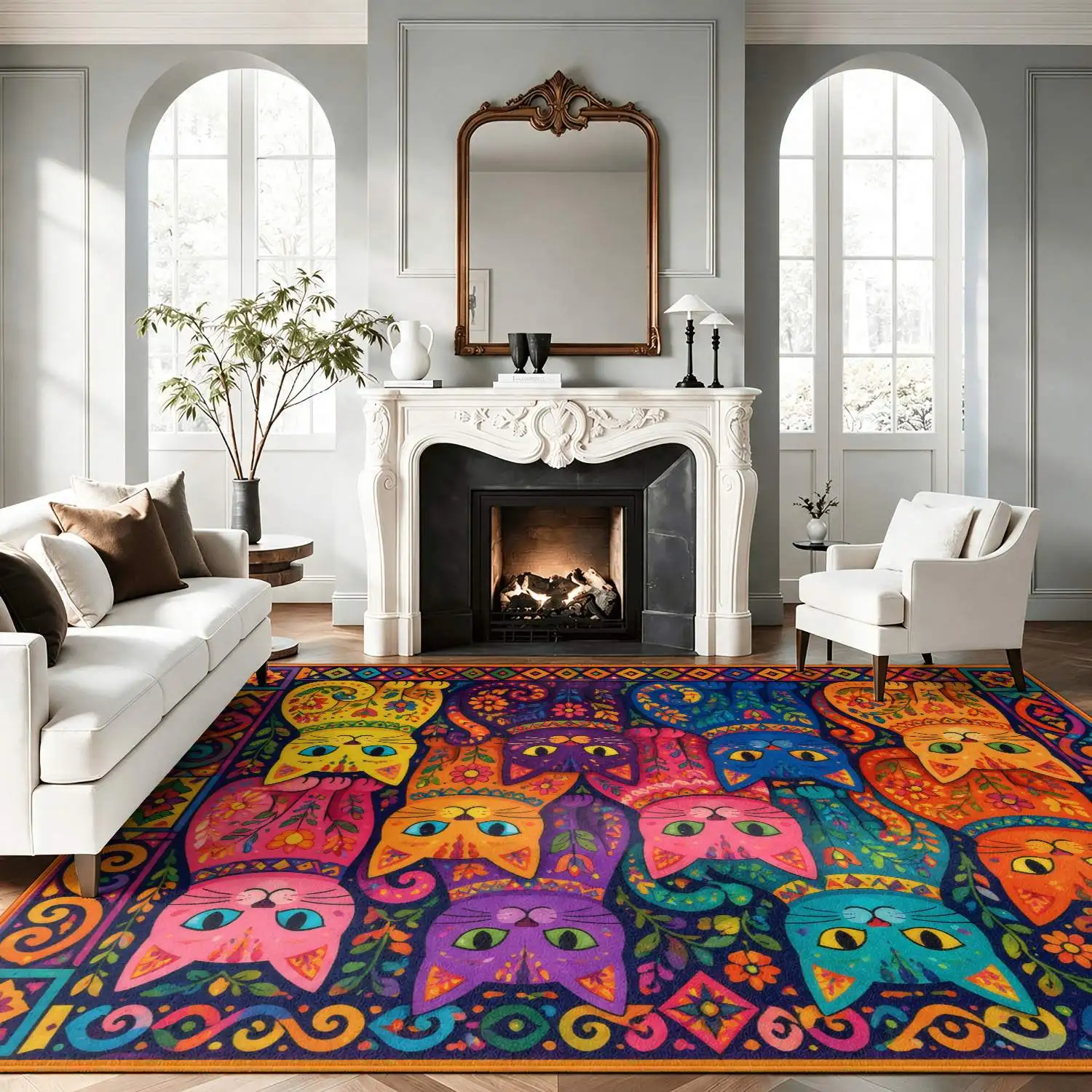 1Pc 2D Printed Colorful Bohemian Animal Pattern Vintage Geometric European-Style Carpet, Multi-Size Home Decor Mat, Machine-Washable for Entrance, Dining Room, Foyer, Living Room, Bedroom