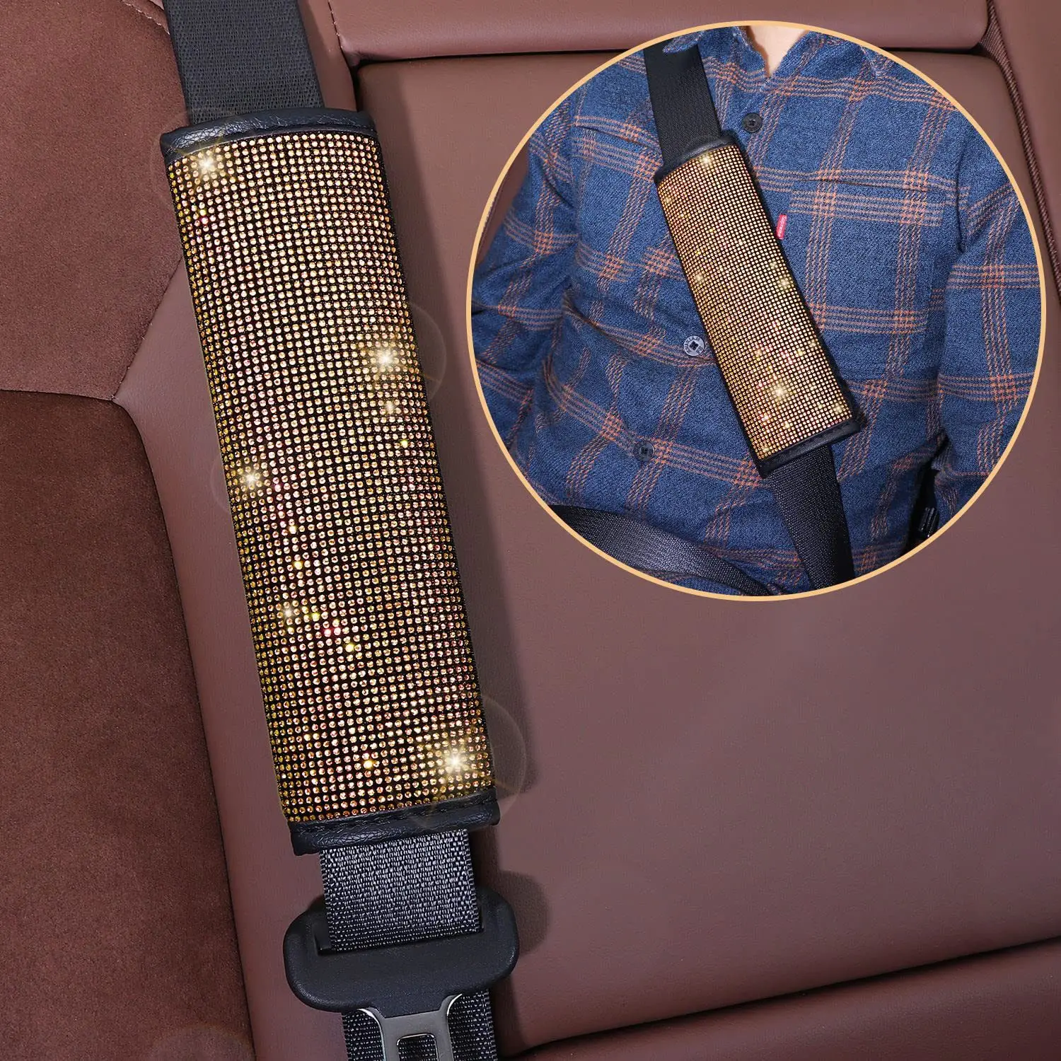 38 cm Bling Auto Zubehör Set Für Frauen Strass Lenkrad Abdeckung Sicherheitsgurt Abdeckungen Getriebe Shift Abdeckung Diamant Tasse Pads – Detail 23