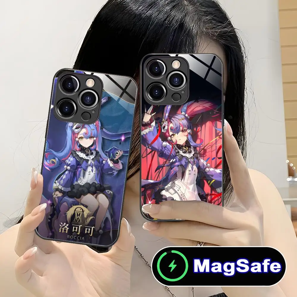 

Чехол для телефона Wuthering Waves Roccia для iPhone 16, 15, 14, 13, 12, 11 Pro Max Plus Mini MagSafe, стеклянный цветной принт, красивый чехол