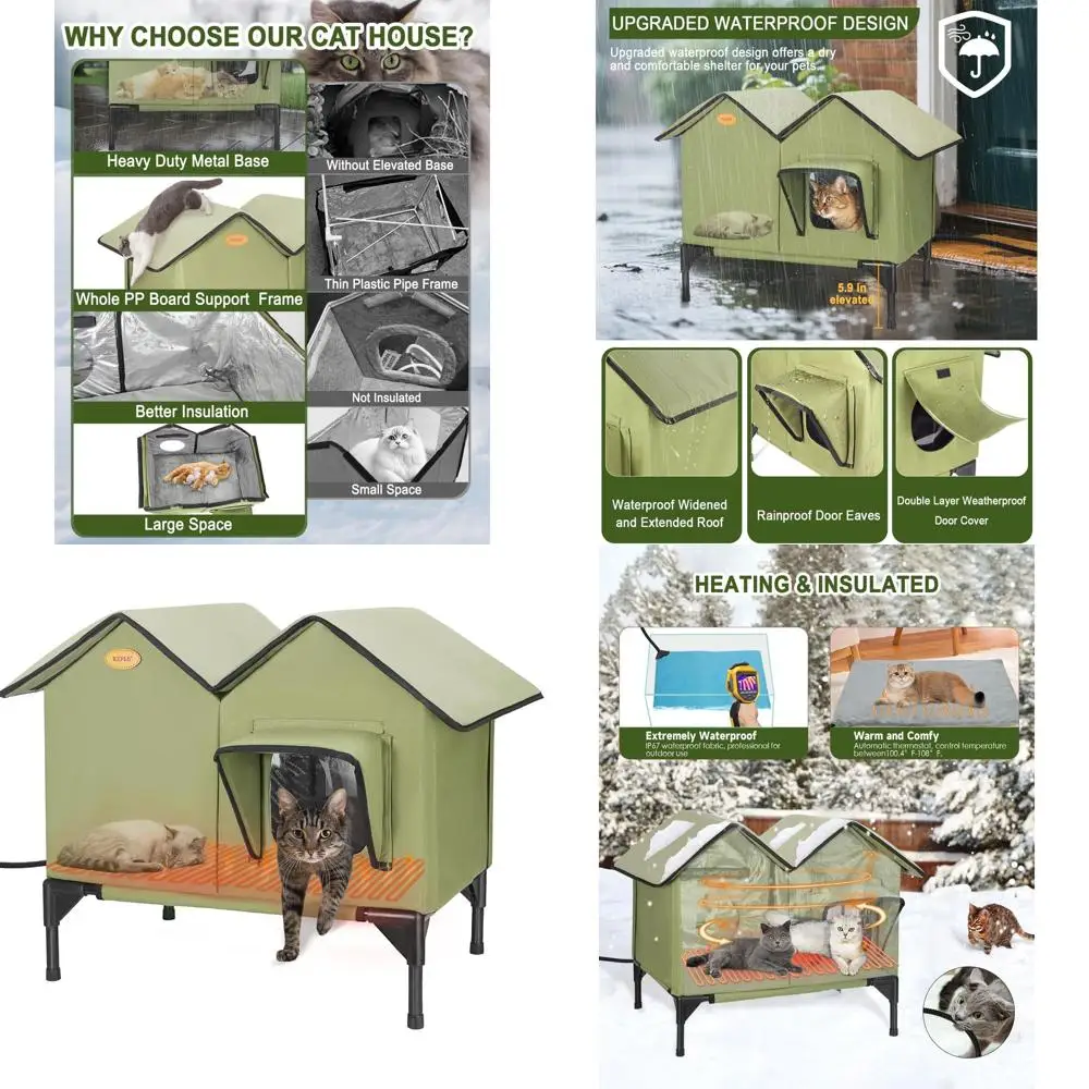 

Large Insulated Outdoor Heated Cat House for Winter, Weatherproof Shelter with Elevated Base and Emergency Exit for Multiple Fer