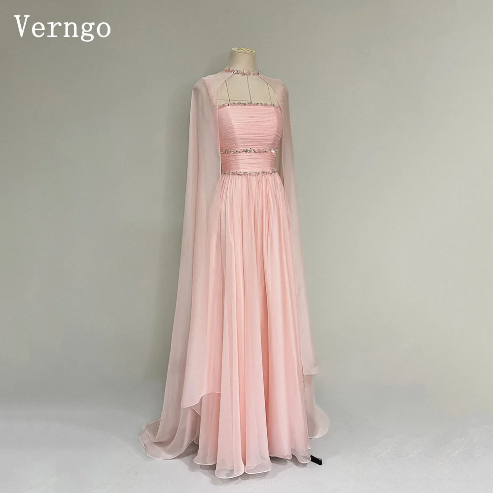 

Verngo Elegant Pink Chiffon Evening Dress Sequined A Line Scarf Formal Occasion Dress Elegant Saudi Arabia Prom Gown Customized